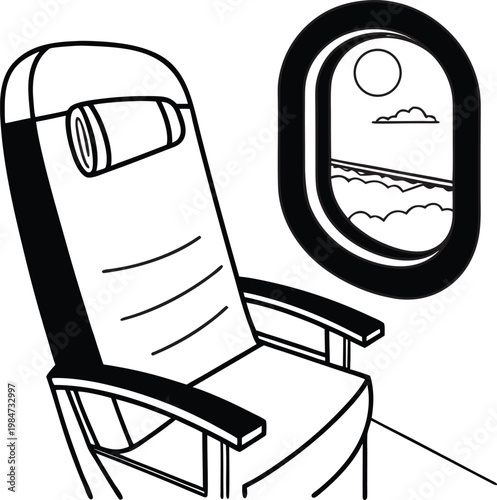 Black and white illustration of an airplane seat by a window with a view of the ocean and sun