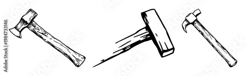 Claw hammer set with sketchy black line art featuring claw hammer, hickory handle, black line illustration with construction and tools and workshop