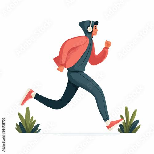 Man wearing headphones running outdoors in athletic wear quickly