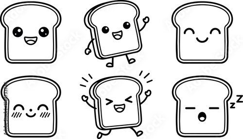 Cute black and white happy and sleepy toast slices with kawaii faces and arms line art