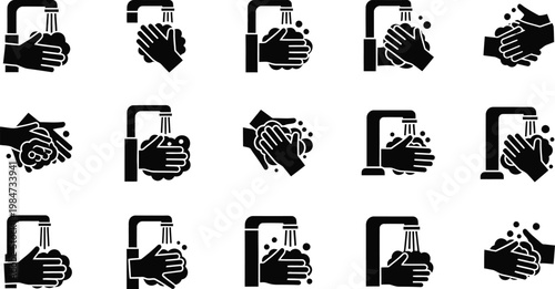 Hand washing icons: water faucet and soap suds illustrating hygiene steps personal care cleaning