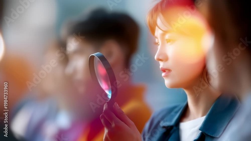 Curious woman holding magnifying glass during group learning activity with colorful blurred background