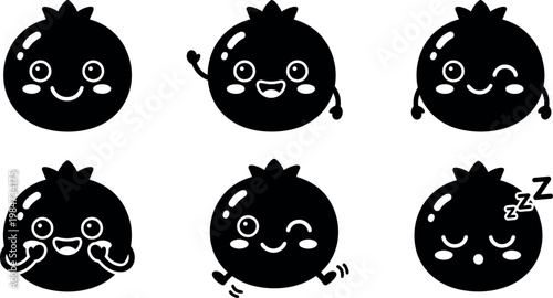 Black and white kawaii pomegranate faces with different expressions vector art