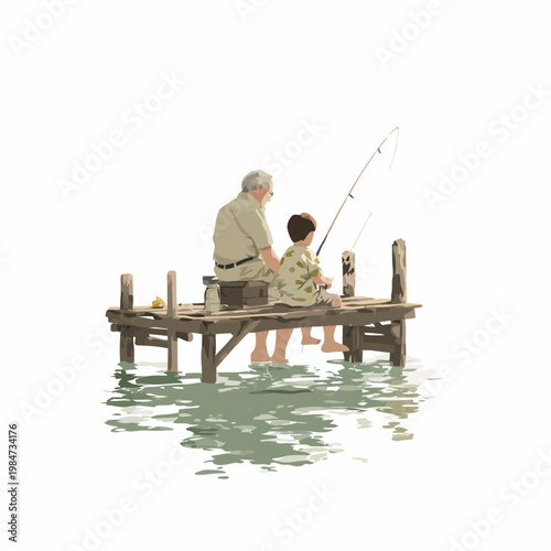An elderly man teaches a young boy fishing on a pier by the serene lake.