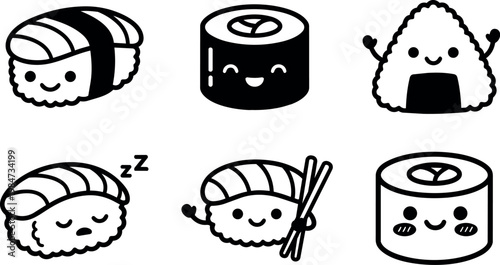 Black and white kawaii sushi and onigiri cartoon icons with happy faces