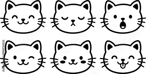 Cute cat faces with different emotions line art illustration set