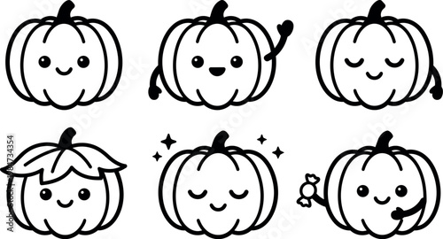 Black and white cute pumpkin faces set with happy and sleeping expressions vector art