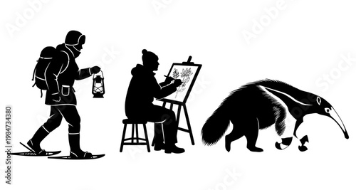 Winter explorer artist and anteater silhouettes during exploration and creation