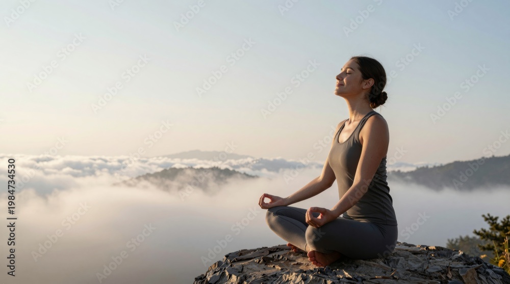 Fototapeta premium Serene Woman Meditating on Mountain Top Above the Clouds at Sunset