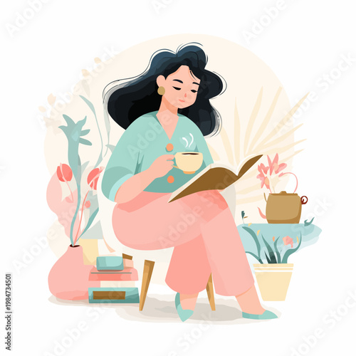 Woman sitting indoors reading a book with a cup of coffee surrounded by plants and books
