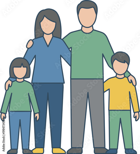Happy Family Portrait with Parents and Two Children Standing Together Smiling