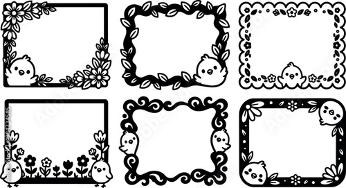 Black and white floral frames with cartoon chick characters in cute border line art