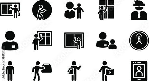 Set of icons for household chores and daily activities with two people business person cleaning