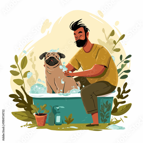 Man giving pug dog a bath in a green tub outdoors