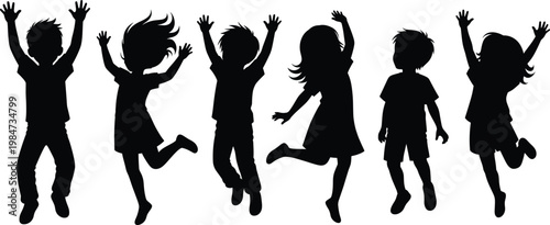 Children jumping silhouettes, dancing kids illustration, joyful movement design, playful vector art, energetic childhood outline, happy group emblem