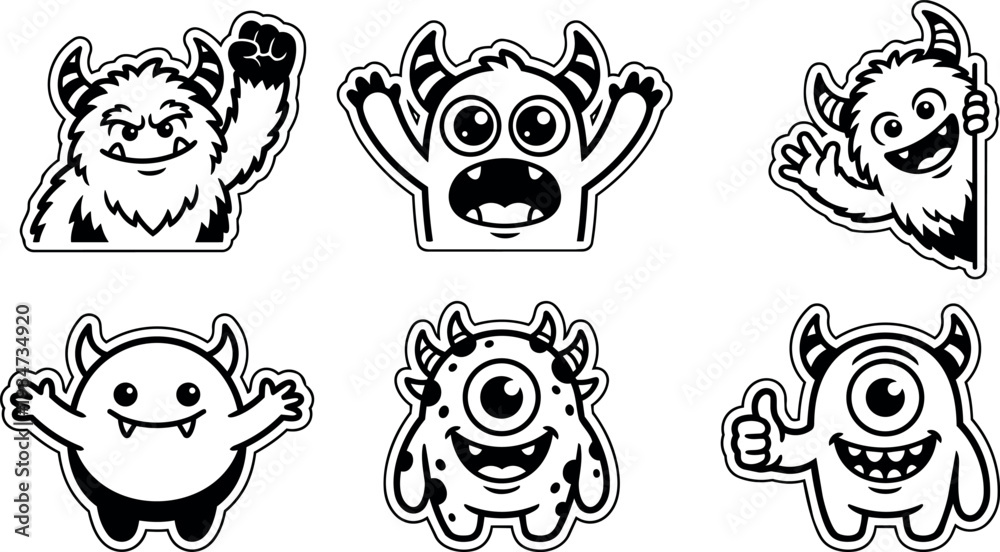 Fototapeta premium Black and white cute monster characters with horns and playful expressions cartoon vector art