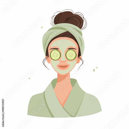 Woman relaxes at home with cucumber slices on her eyes