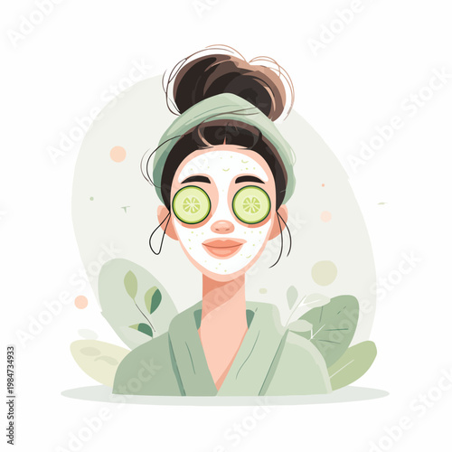 Woman applies facial mask and cucumber slices on face for skincare routine at home indoors.