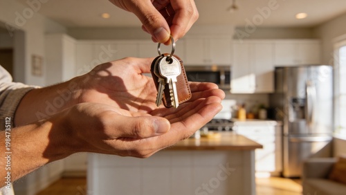 A close-up of hands holding keys symbolizes new beginnings and real estate investment, showcasing a modern home backdrop.