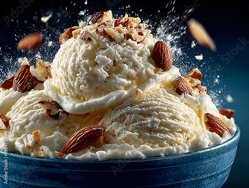 A generous mound of creamy white vanilla ice cream sits in a deep blue bowl, topped with crunchy almonds, drizzled with sweet sauce, and surrounded by flying nut pieces against a dark background.