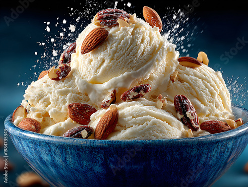 A generous mound of creamy white vanilla ice cream sits in a deep blue bowl, topped with crunchy almonds, drizzled with sweet sauce, and surrounded by flying nut pieces against a dark background.