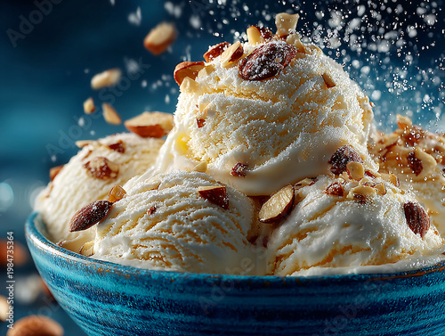A generous mound of creamy white vanilla ice cream sits in a deep blue bowl, topped with crunchy almonds, drizzled with sweet sauce, and surrounded by flying nut pieces against a dark background.