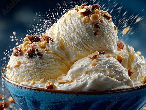 A generous mound of creamy white vanilla ice cream sits in a deep blue bowl, topped with crunchy almonds, drizzled with sweet sauce, and surrounded by flying nut pieces against a dark background.