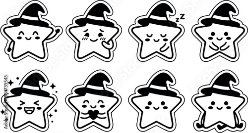 Cute black and white star characters with witch hats showing different emotions vector art