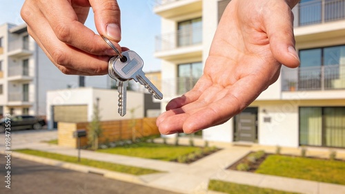 A close-up of hands exchanging keys against a blurred modern apartment, symbolizing real estate transactions and home ownership.
