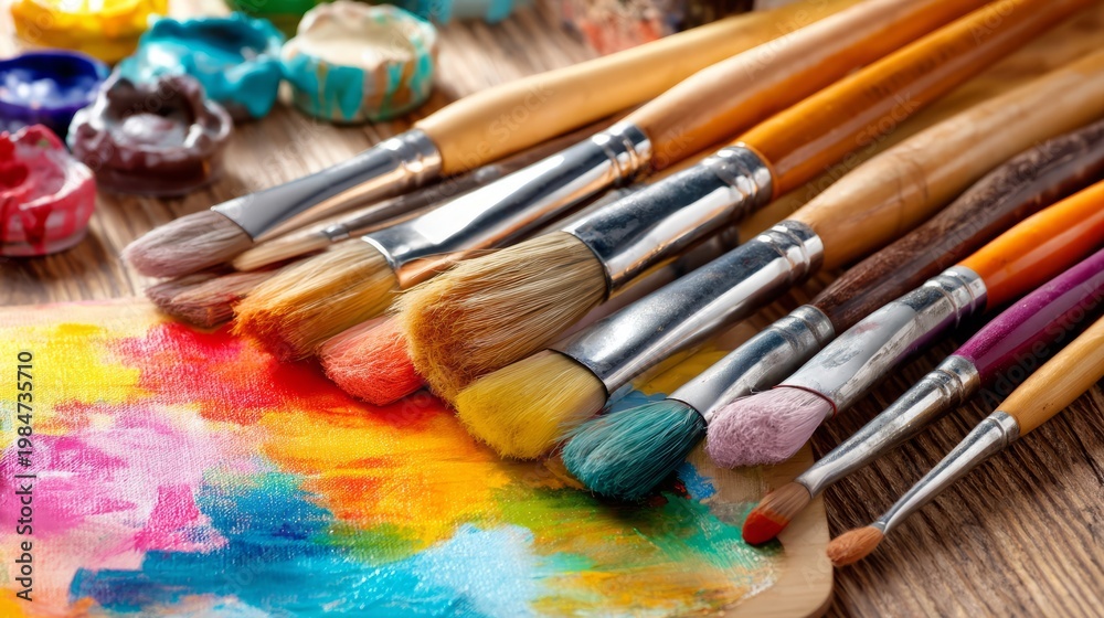Obraz premium Colorful Paint Strokes on Canvas with Art Brushes Arrangement