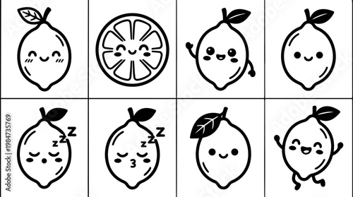 Black and white kawaii lemon faces with cute expressions and leaf details line art