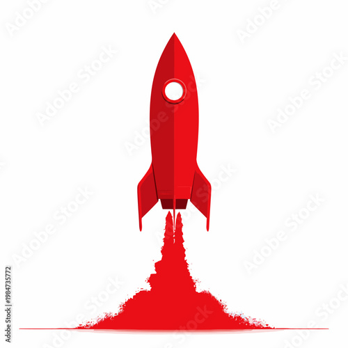 A red rocket ship blasts off into the sky with flames.
