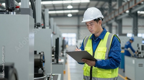 Industrial Worker with Helmet and Safety Vest in Manufacturing Facility