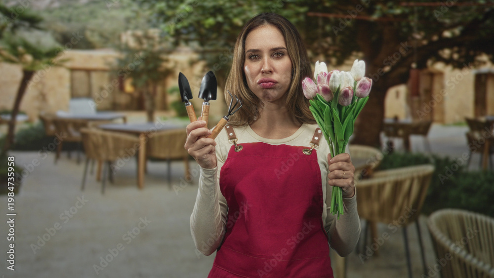 Fototapeta premium Woman gardener in a red apron holding a bouquet of pink tulips and two small trowels, sniffing flowers with a displeased frown in a stone courtyard; disgust frustration.