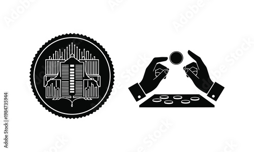 Historical coin and symbolic hands balancing a circular object over plates