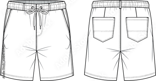 Mens casual shorts technical flat fashion sketch vector illustration featuring front and back views elastic waistband drawstring and patch pockets