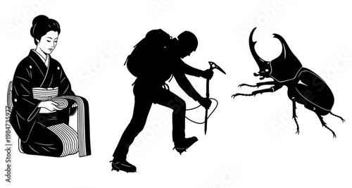 Woman in kimono mountaineer and beetle in silhouette against white