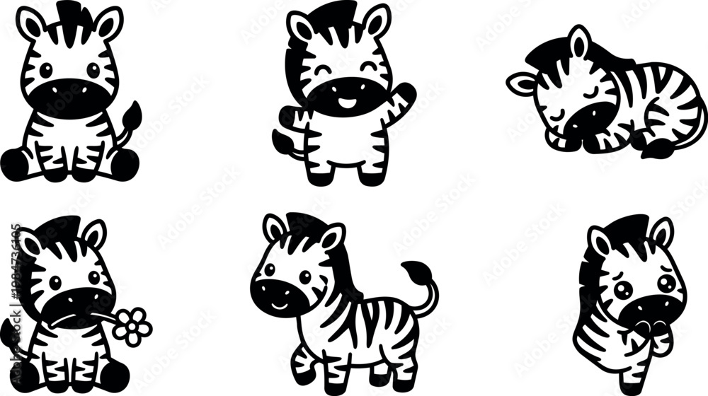 Fototapeta premium Cute black and white baby zebra characters in various poses vector art