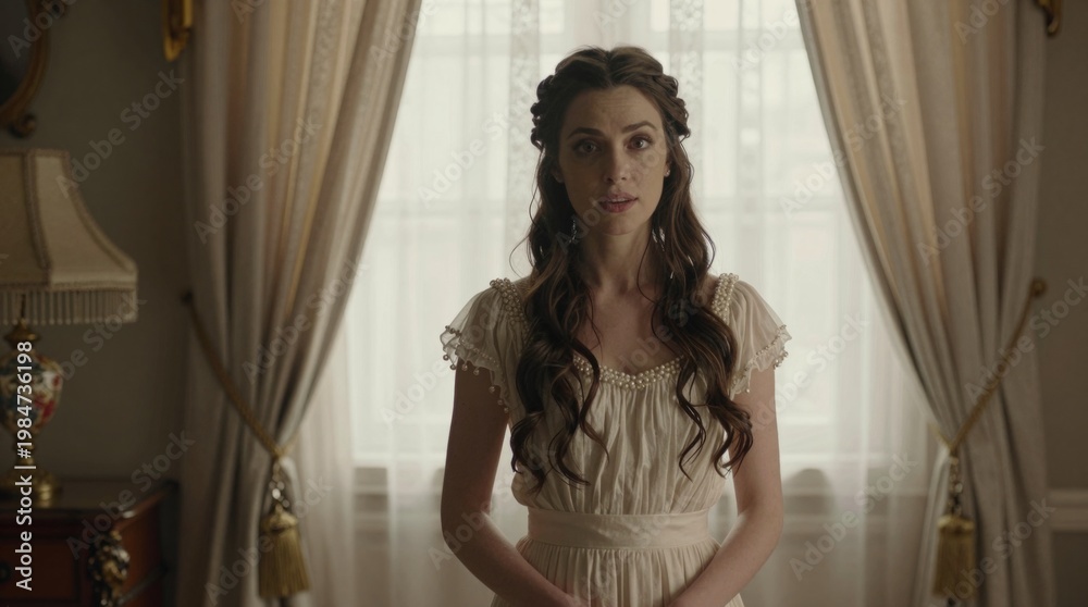 Fototapeta premium Elegant Young Woman in Vintage Dress Posing by Draped Window