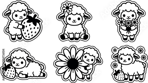 Black and white line art cute lambs holding strawberries and flowers vector