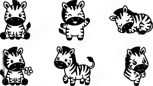 Cute black and white baby zebra characters in various poses vector art