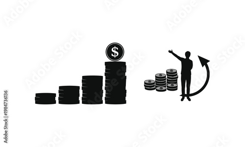 Growth and investment progression illustrated with a person directing financial increase.