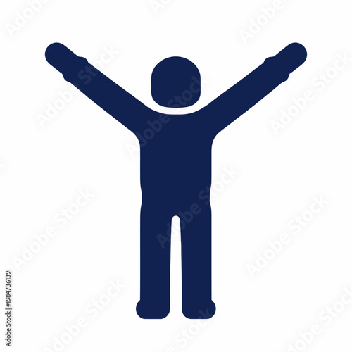Person standing with arms raised in celebration on white background