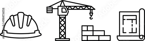 Construction icons set helmet tower crane bricks and blueprint black and white illustration