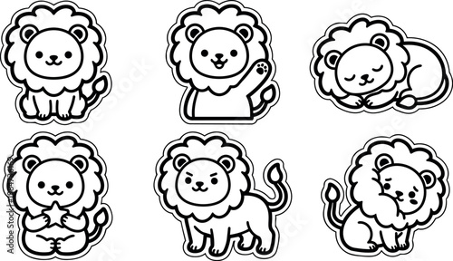 Cartoon lion line art set with cute facial expressions and poses