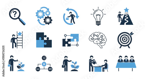 A collection of fifteen professional blue and black icons representing concepts of business strategy, growth, problem-solving, and teamwork.