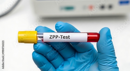 Gloved hand holding blood sample tube for ZPP test in laboratory setting for analysis