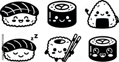 Black and white kawaii sushi and onigiri characters with smiles and chopsticks vector art