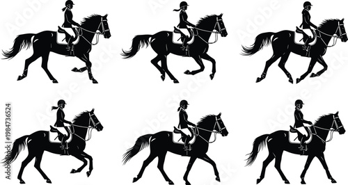 Horse rider silhouettes showing galloping motion sequence, equestrian biomechanics study, dynamic horse stride animation reference, black silhouette
