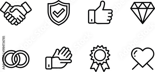 Trust Web Icon Set in Linear Style, Collection of Trustworthy Line Icons, Including Trustworthy, Credibility, Confidence, Integrity, Promise, Loyalty, Honesty, and More